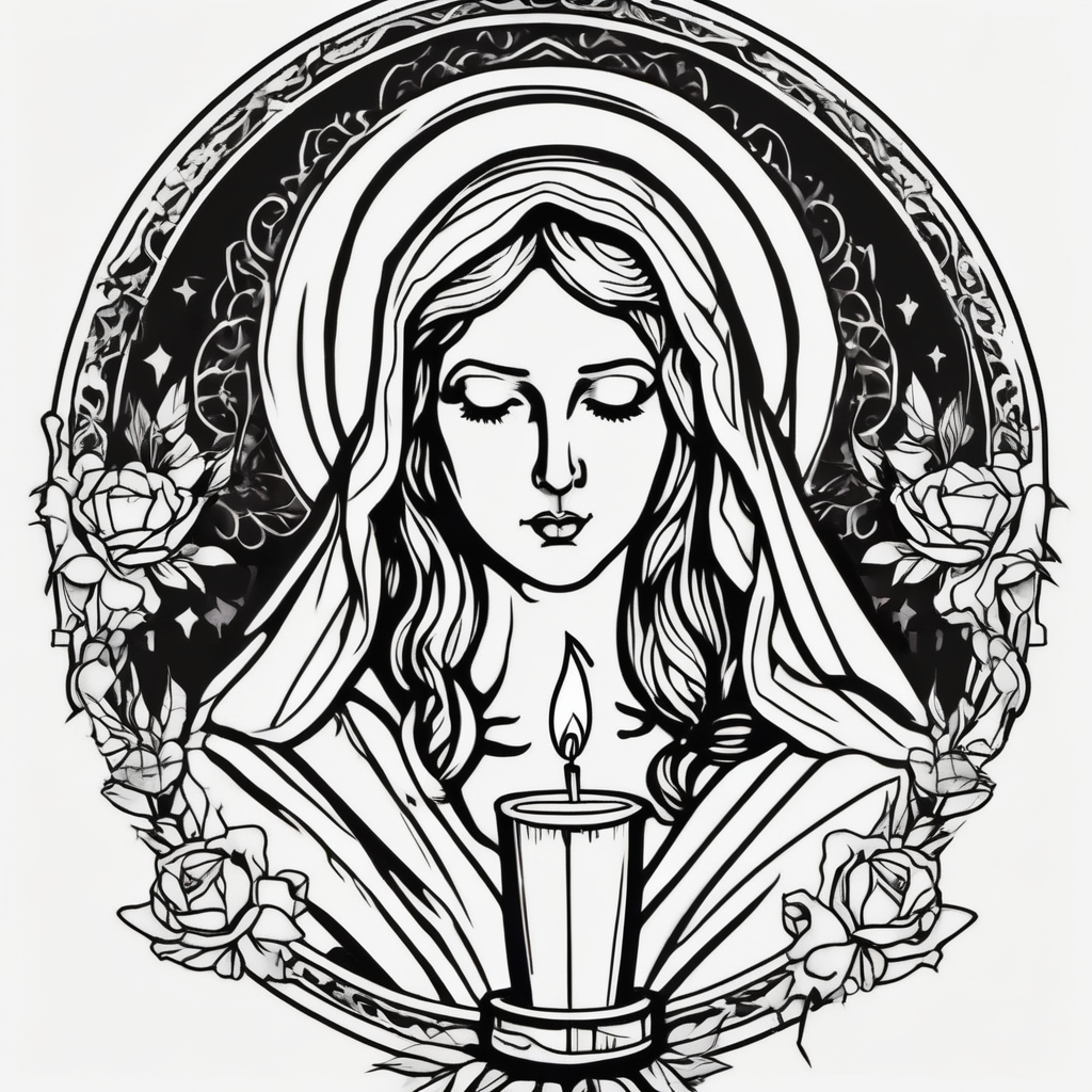 virgin maria holds 1 candle in her hand, tattoo should be full color drake tattoos, diseño de tatuaje Old school generado con IA